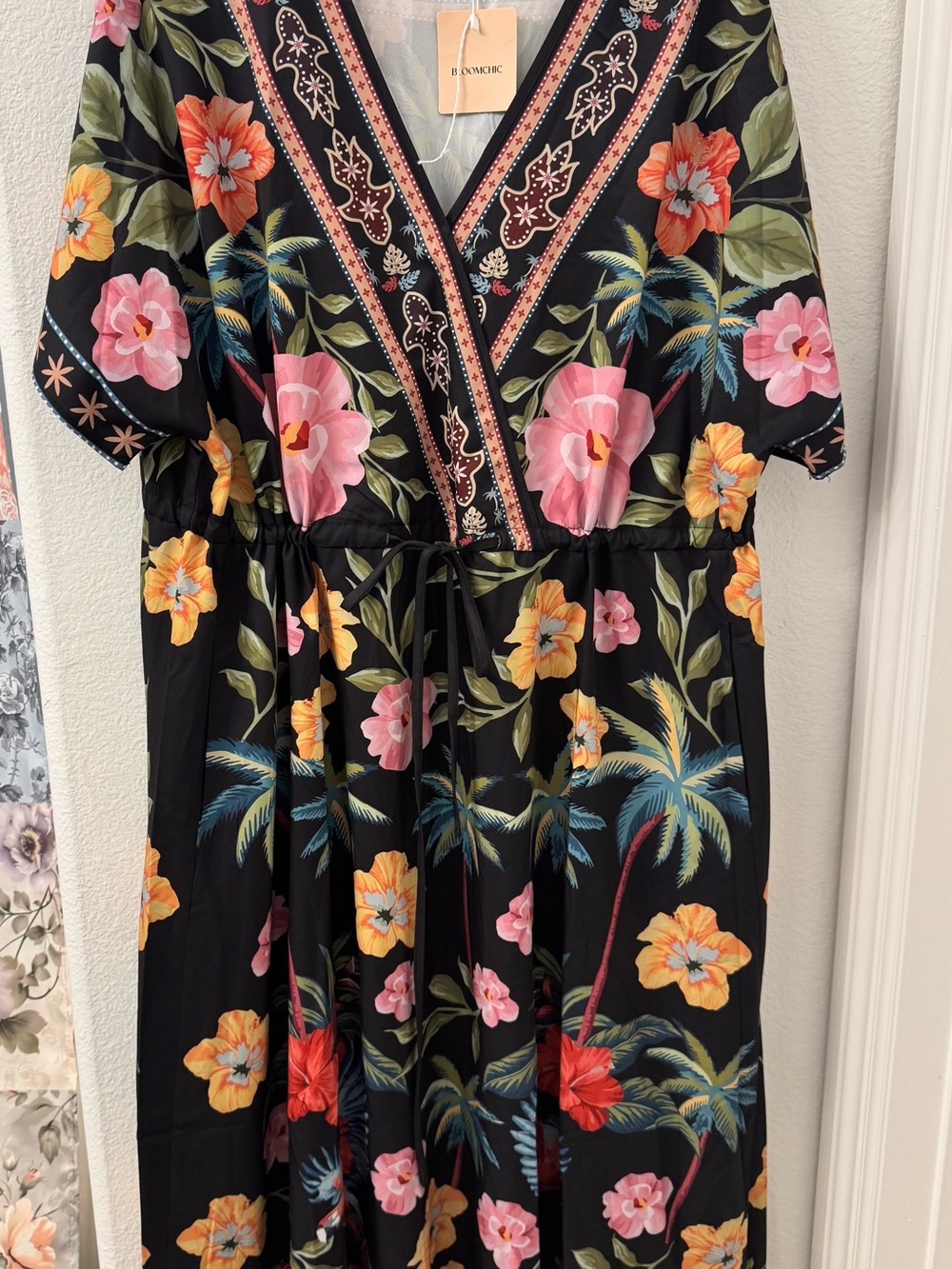 NWT BloomChic Black tropical Floral Midi Dress parrot palm tree 18/20 2X new